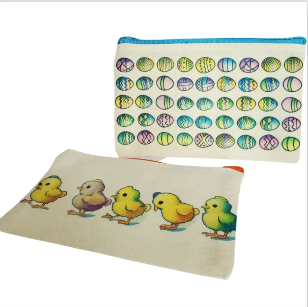 Two new handmade sublimation canvas cosmetic, pencil Easter bags by Shea Cheri.